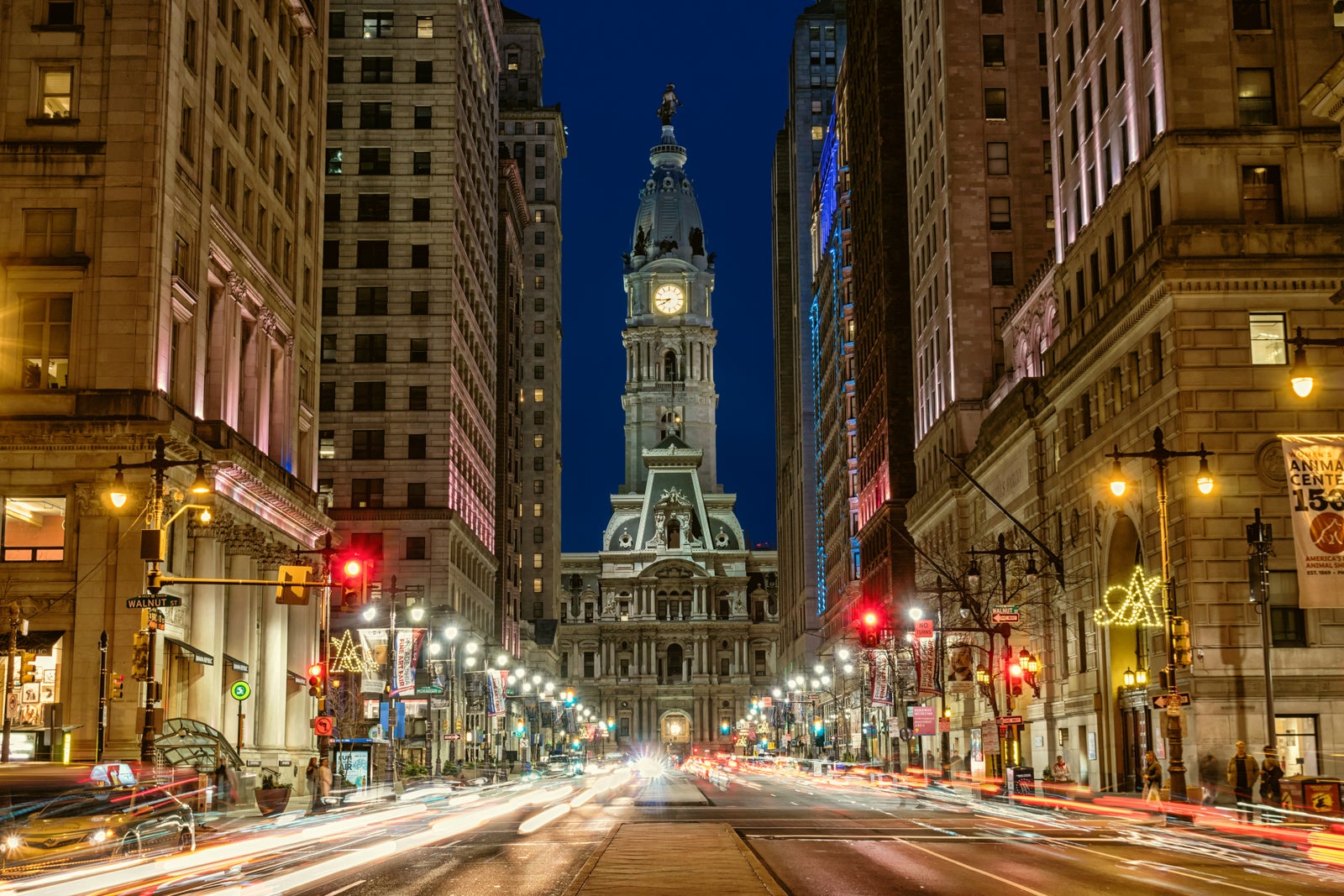 Travel Architecture and Landmark concept, Philadelphia City Hall building which is landmark historic at twilight time with car traffic light, United States of America or USA,