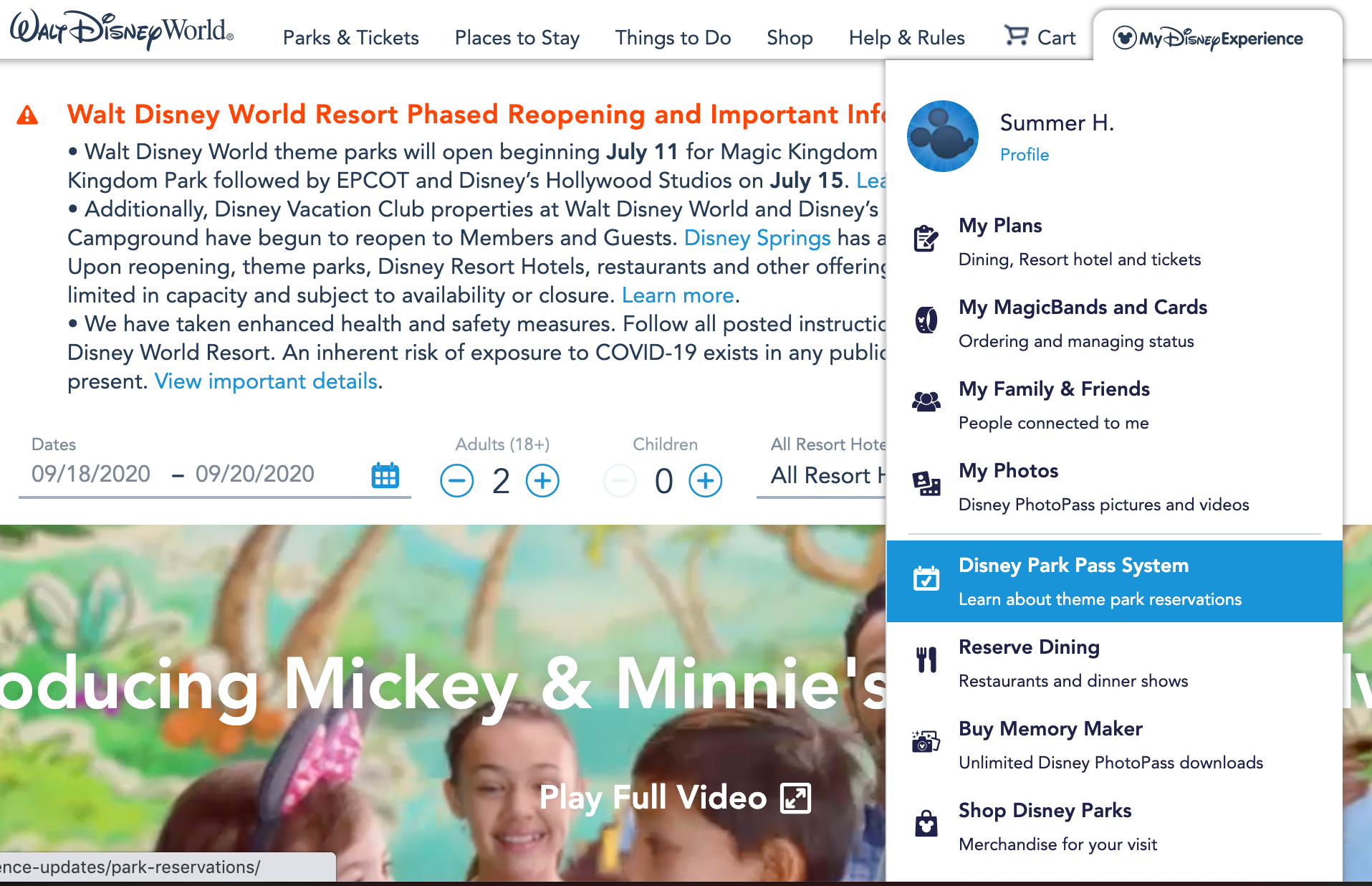 How to get a reservation to enter a Disney World theme park until at