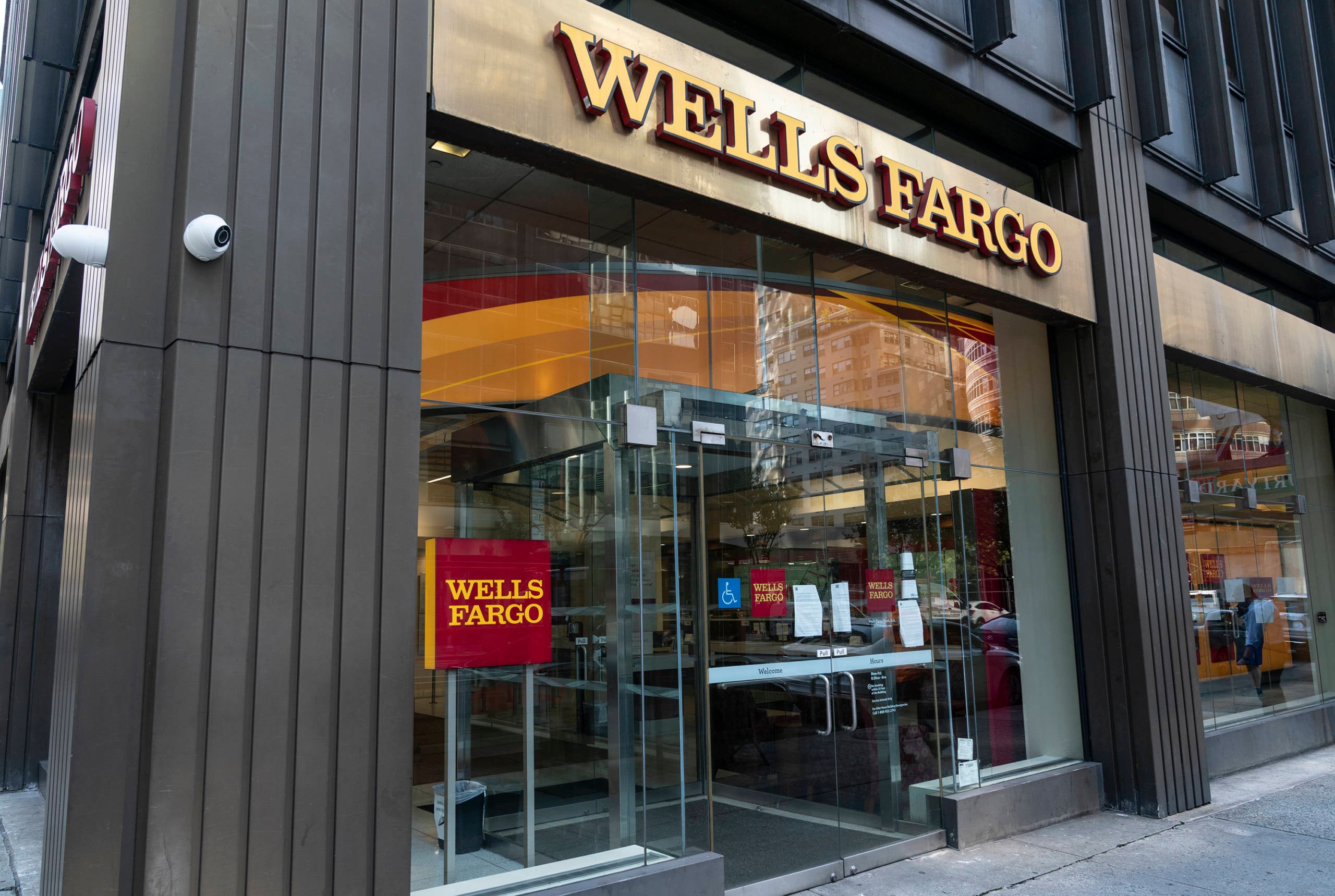 View of Wells Fargo Bank closed branch in Manhattan. Profit