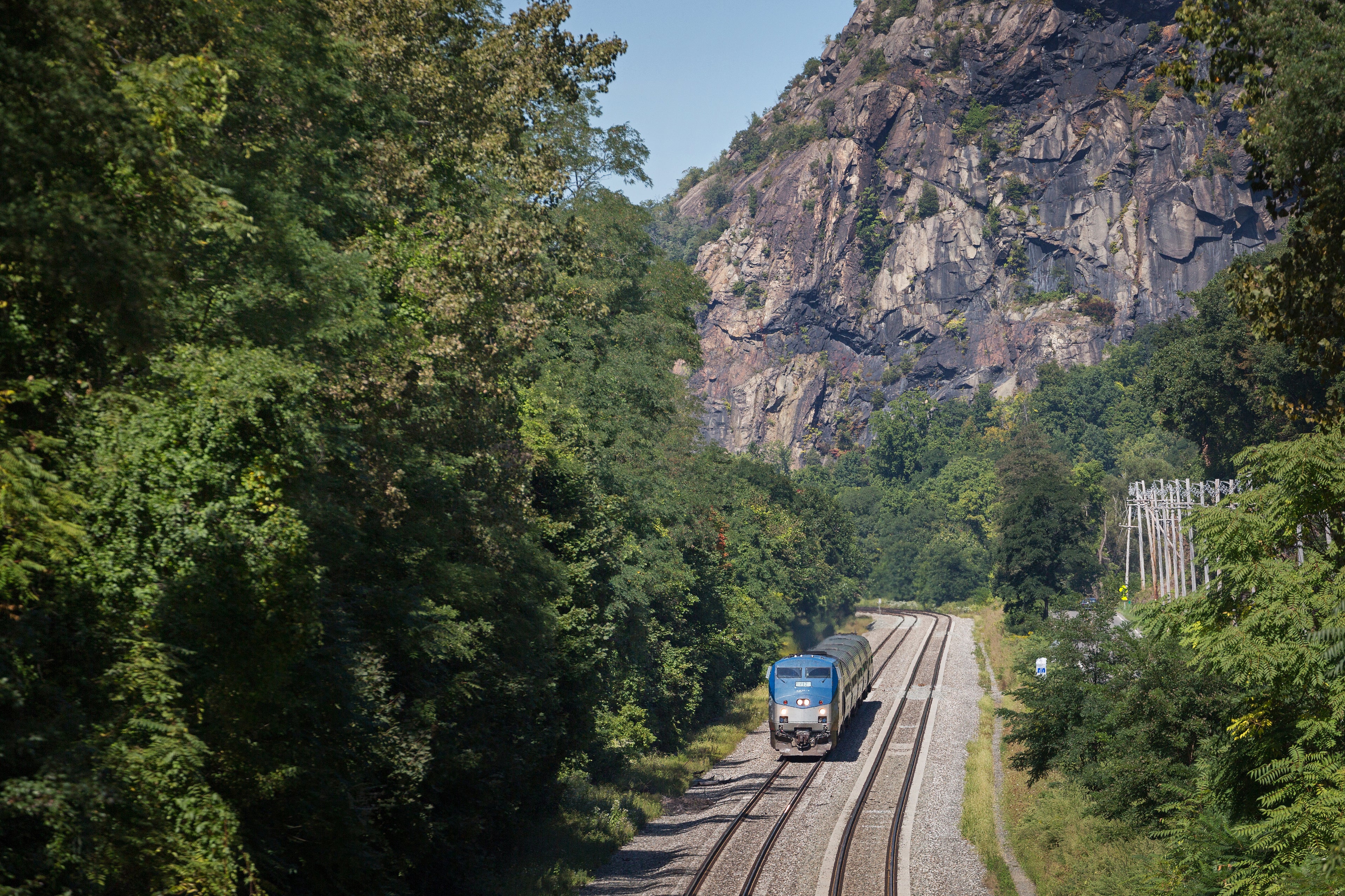 Empire Service train passes through Little Stony Point in Cold Spring, New York