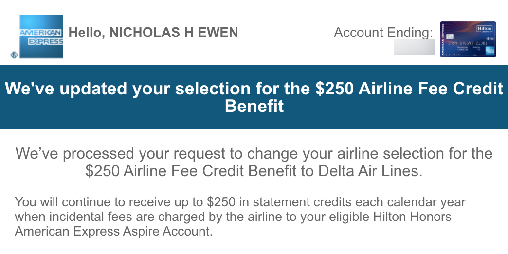 Confirmation email from changing airline for Amex fee credit