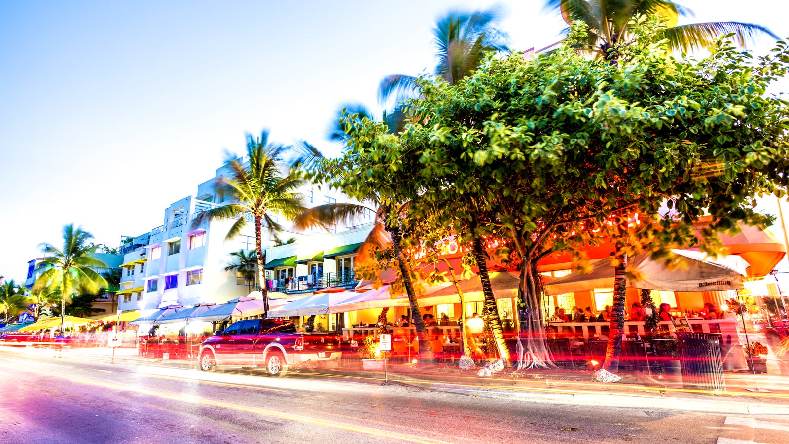 Ocean Drive night scene at South Beach, Miami, USA