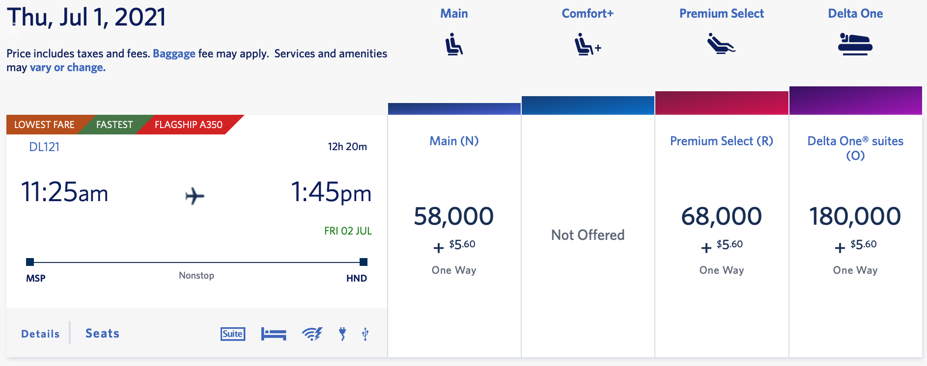 Delta MSP HND Pricing SkyMiles