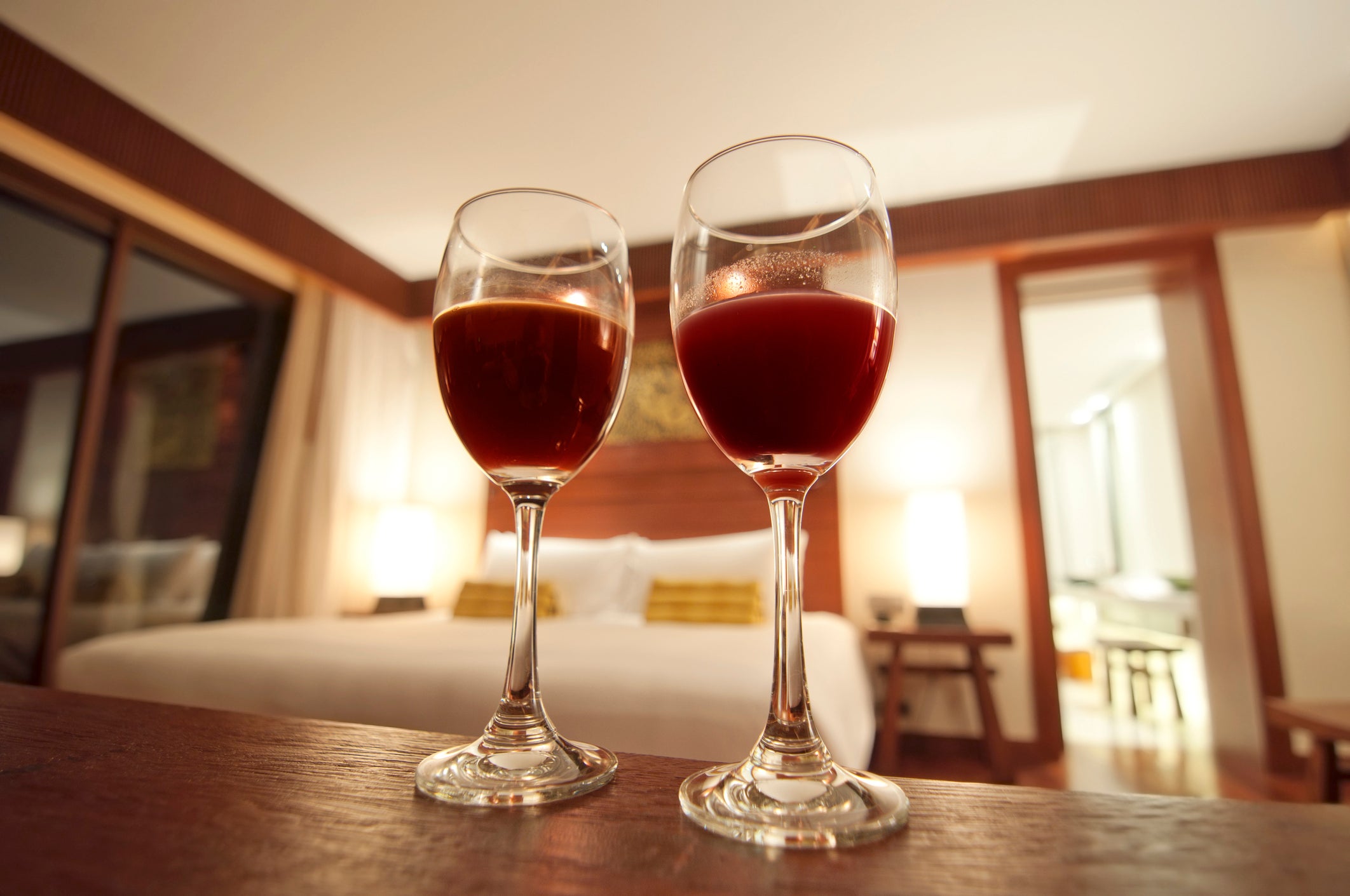 Two Wine glasses in luxury bedroom