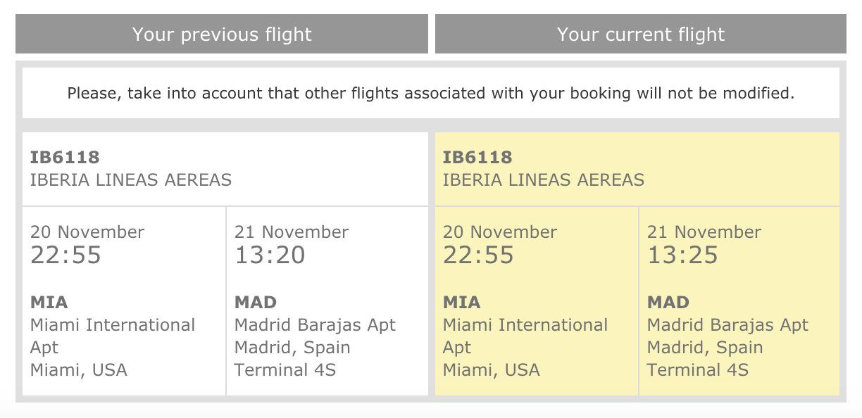 A schedule change email from Iberia Airlines