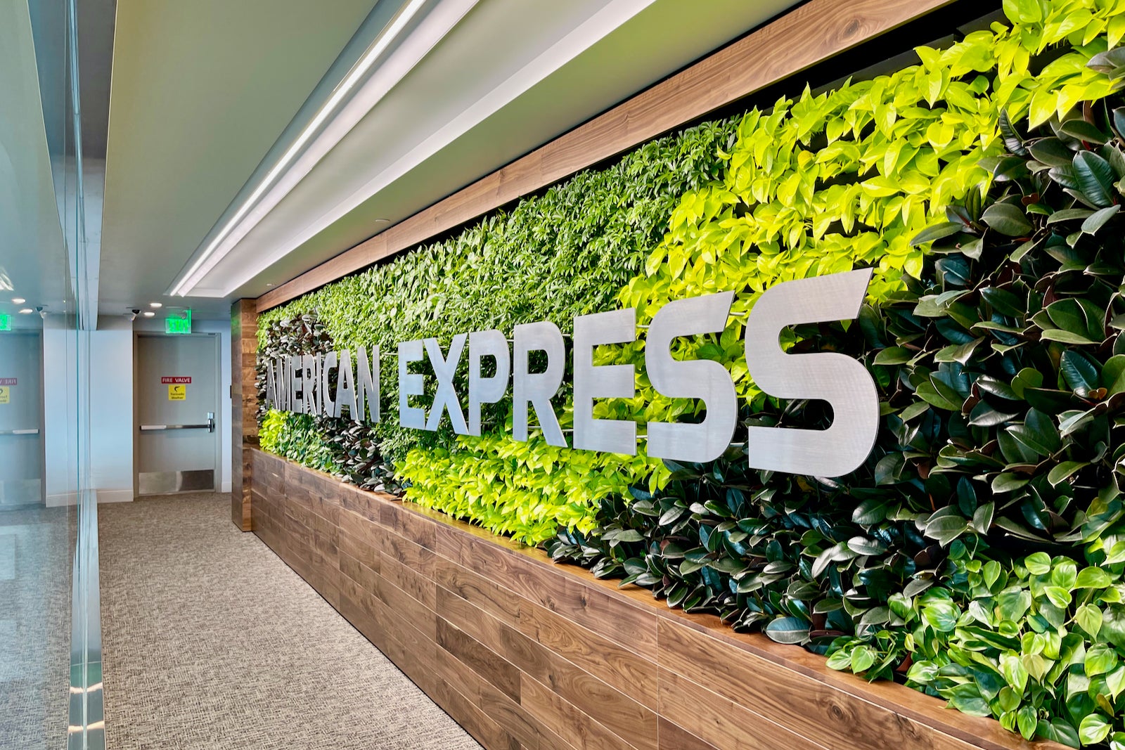an American Express logo against a wall of leaves at a lounge entrance
