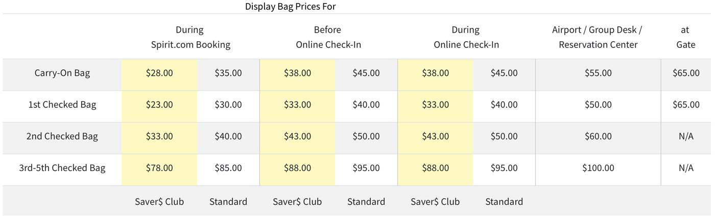 bag fees for spirit