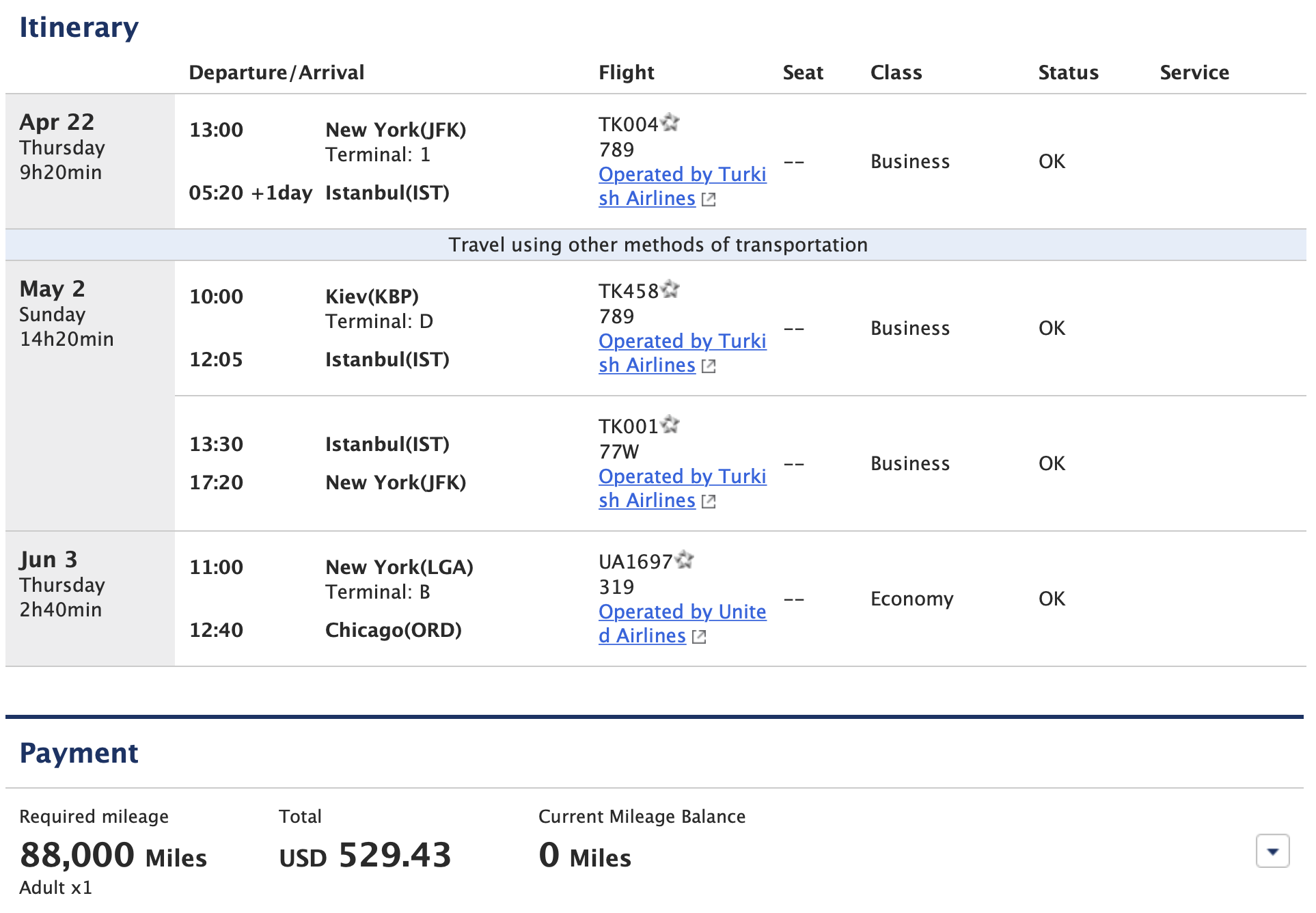 ANA útvonal JFK IST KBP hogy JFK LGA ORD