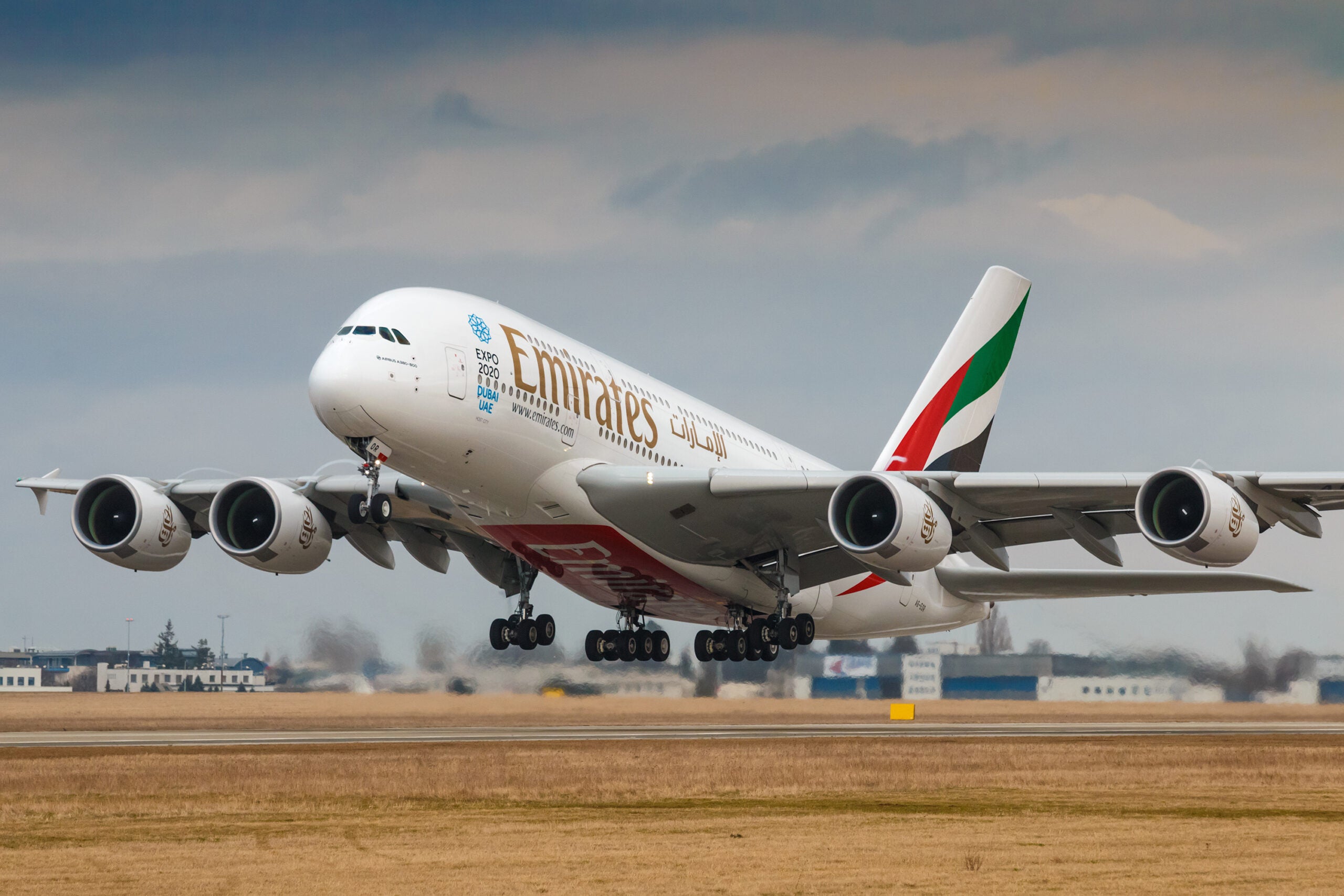 Prague,,Czech,Republic,-,March10:,Airbus,A380-800,Emirates,Take,Off