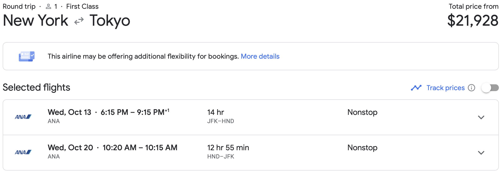 ANA first class JFK to HND round-trip ticket on Google Flights