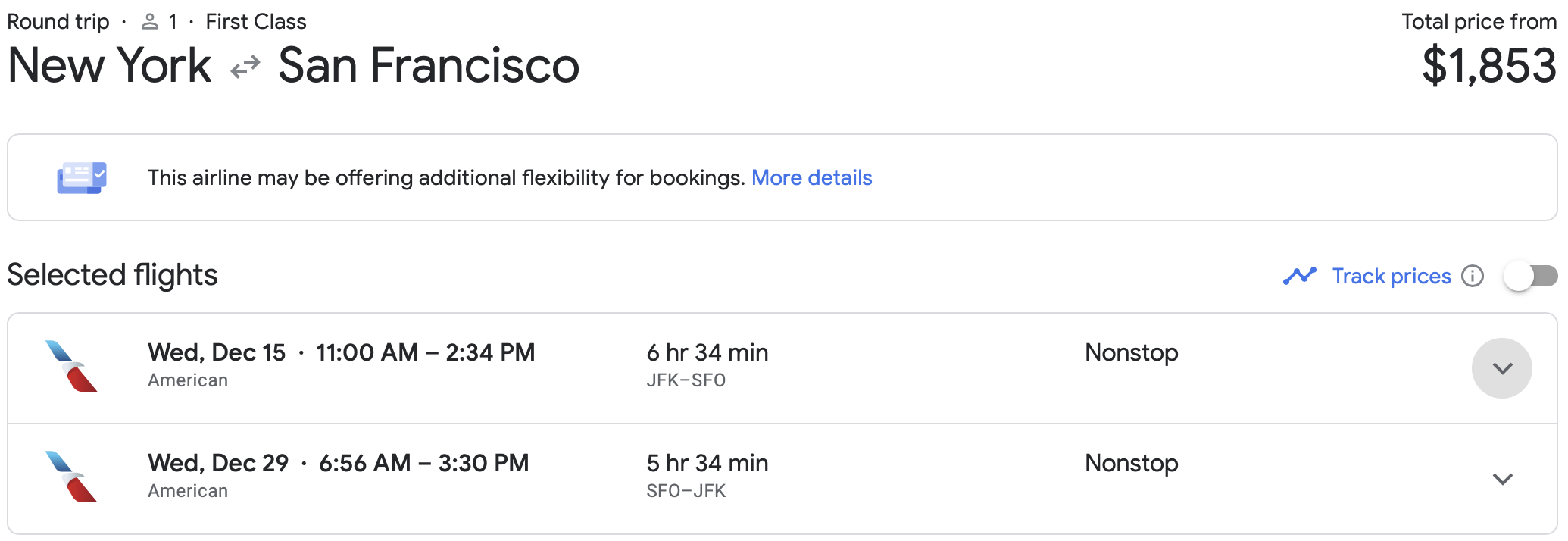 Amerikaans vlaggenschip first JFK to SFO Google Flights pricing