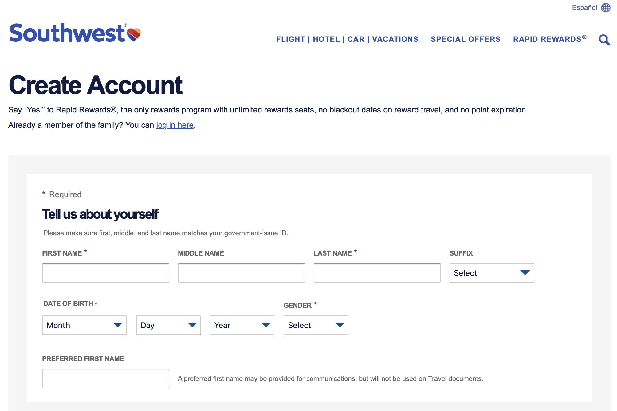 Creating Southwest Rapid Rewards account