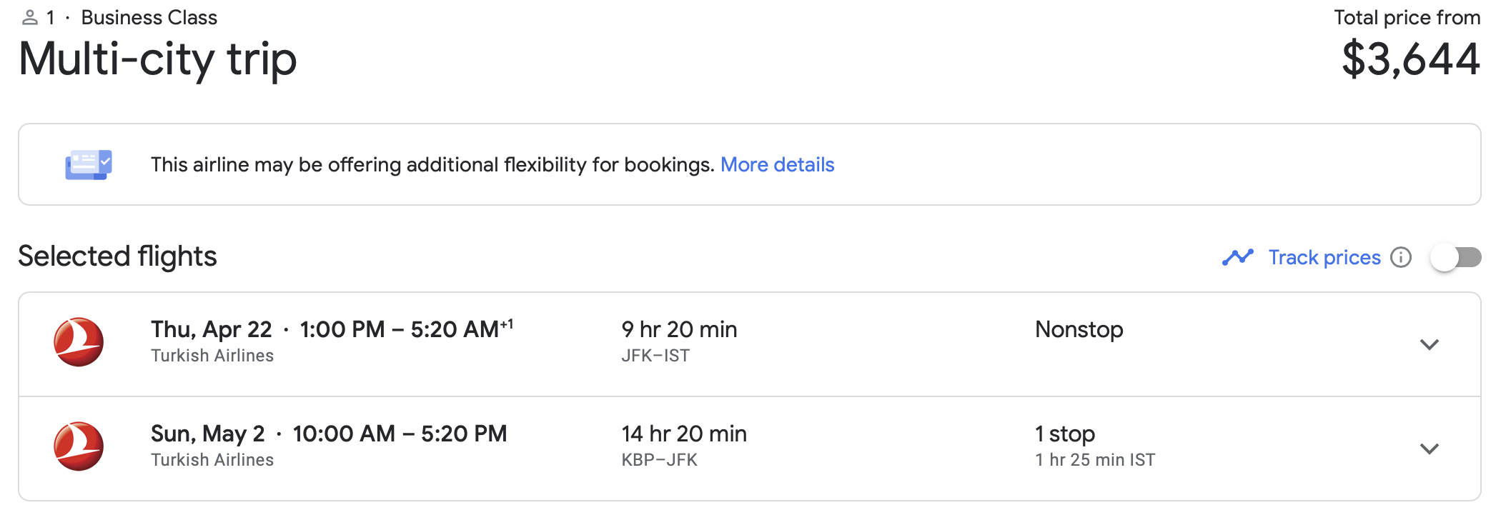 JFK a IST y KBP Reserva de vuelos de Google con Turkish Airlines