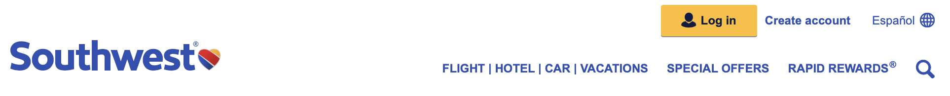 Southwest website header