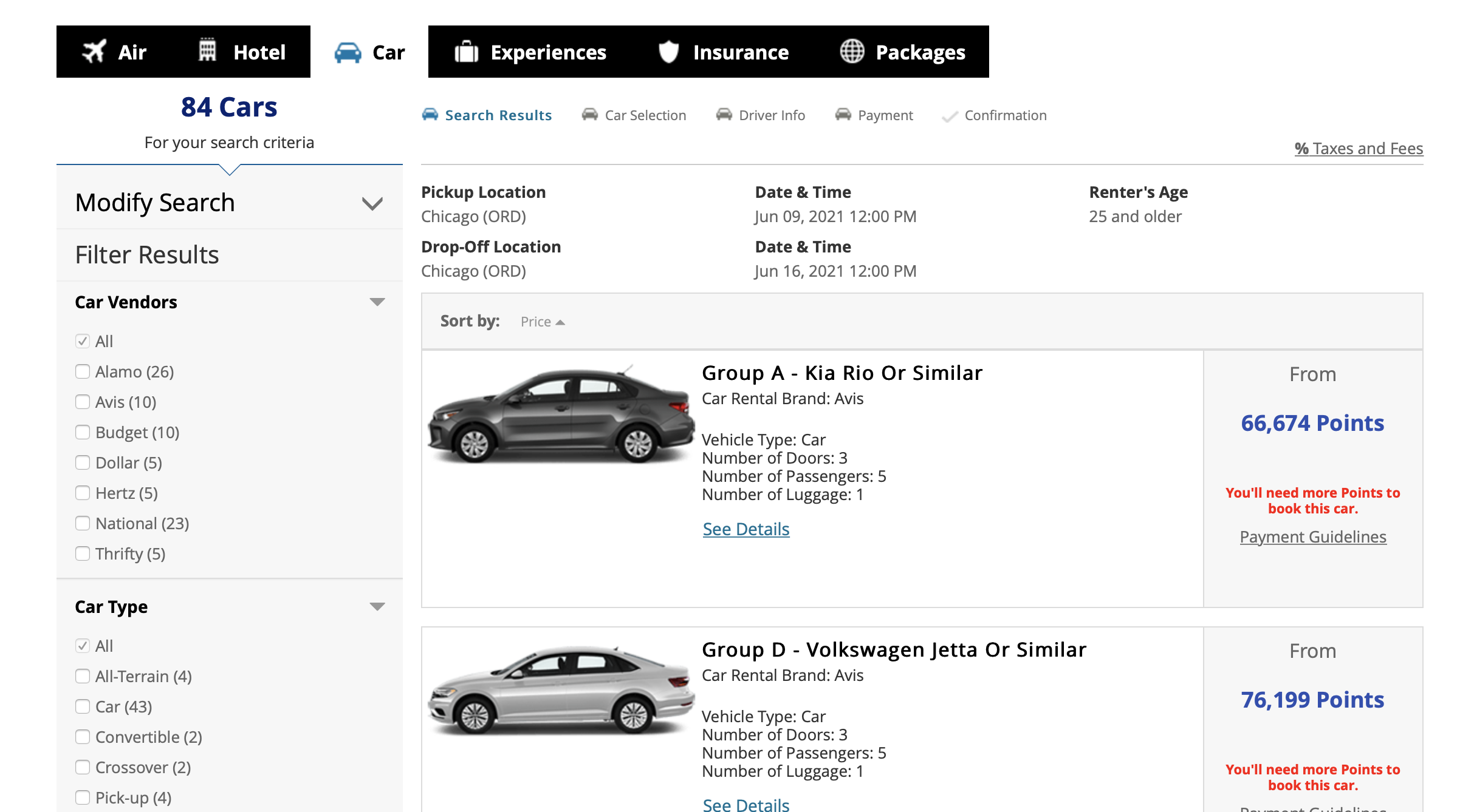 Southwest rental car booking at ORD airport