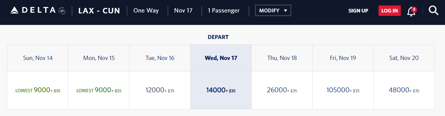 Delta award pricing from LAX to CUN