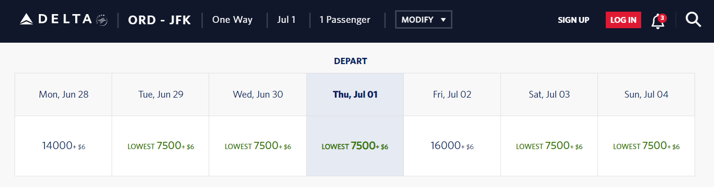 Delta award pricing from ORD to JFK