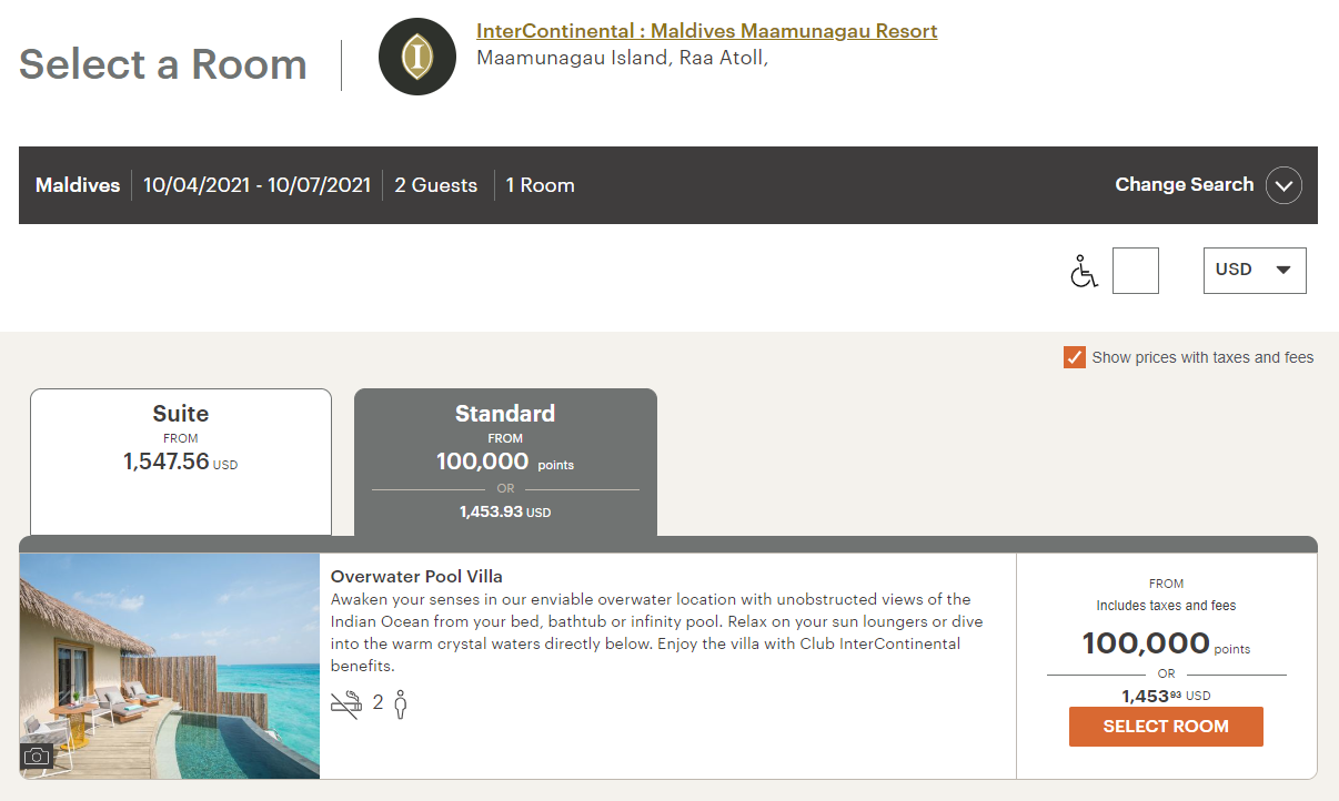 IHG pricing example in the Maledives