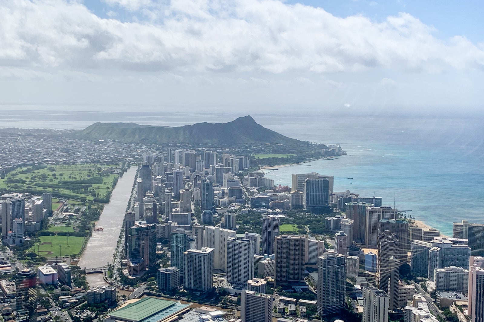 view of Diamond Head from a chopper over Honolulu