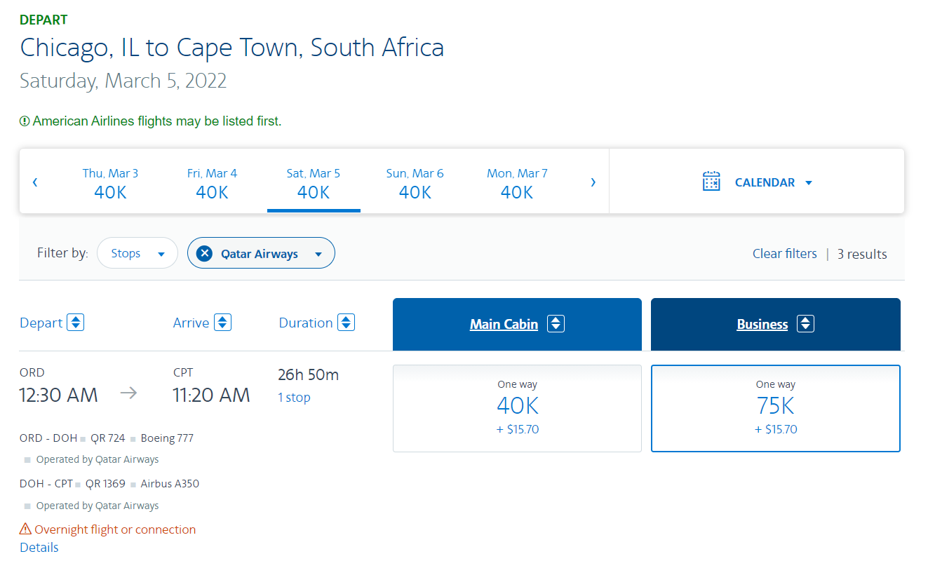 Booking American Airlines award to fly Qatar