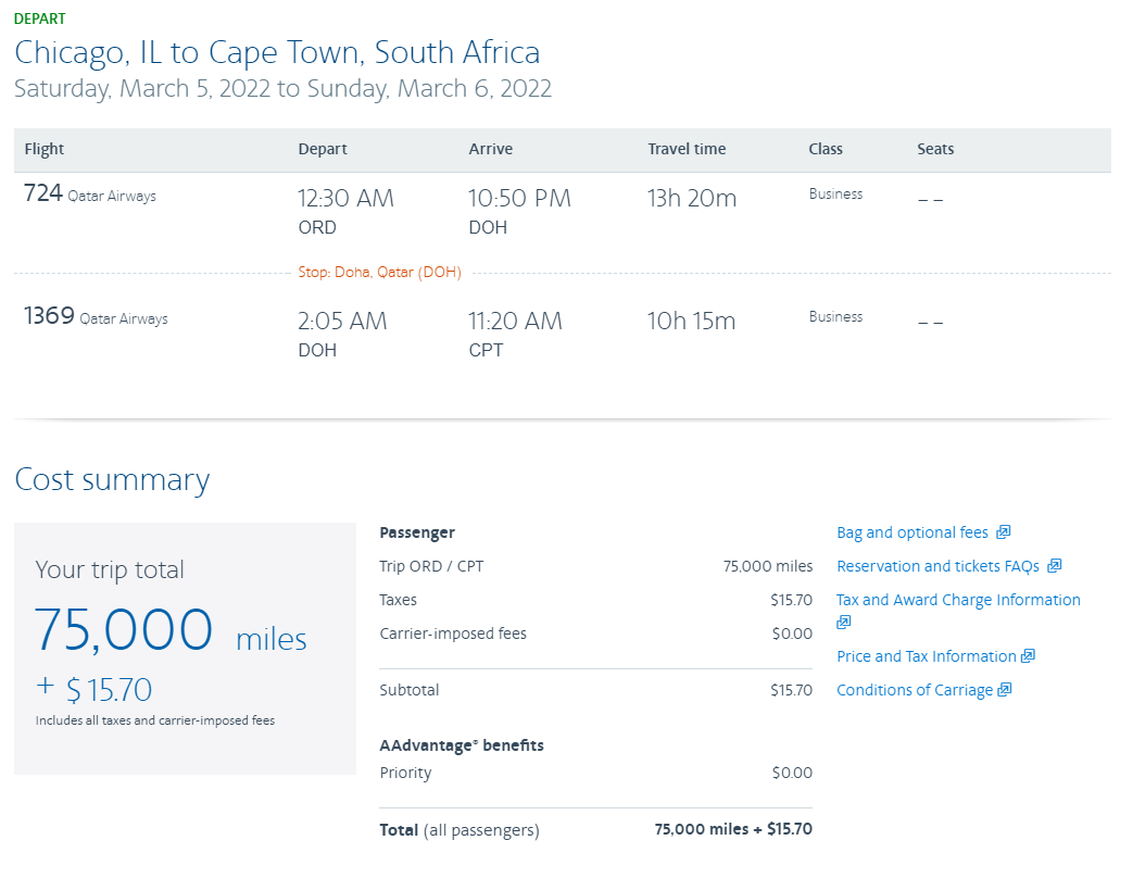 Booking American Airlines award to fly Qatar