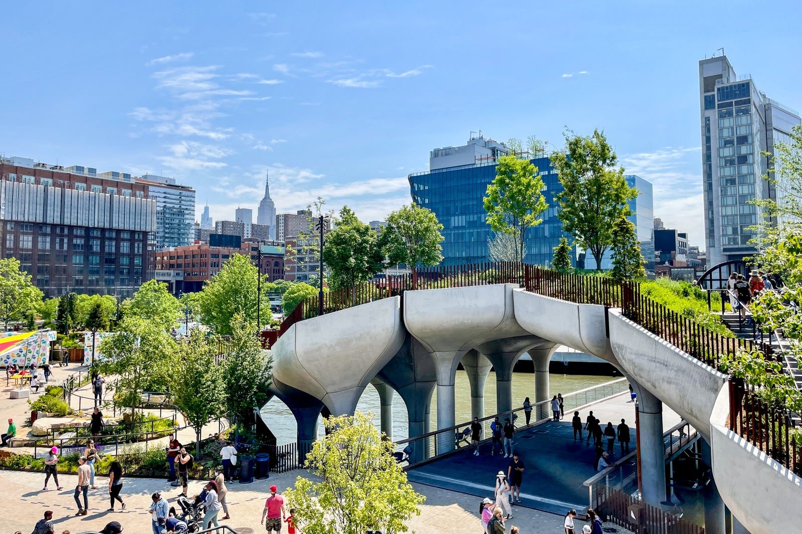 The concrete structures of Little Island of NYC as they rise out of the Hudson River