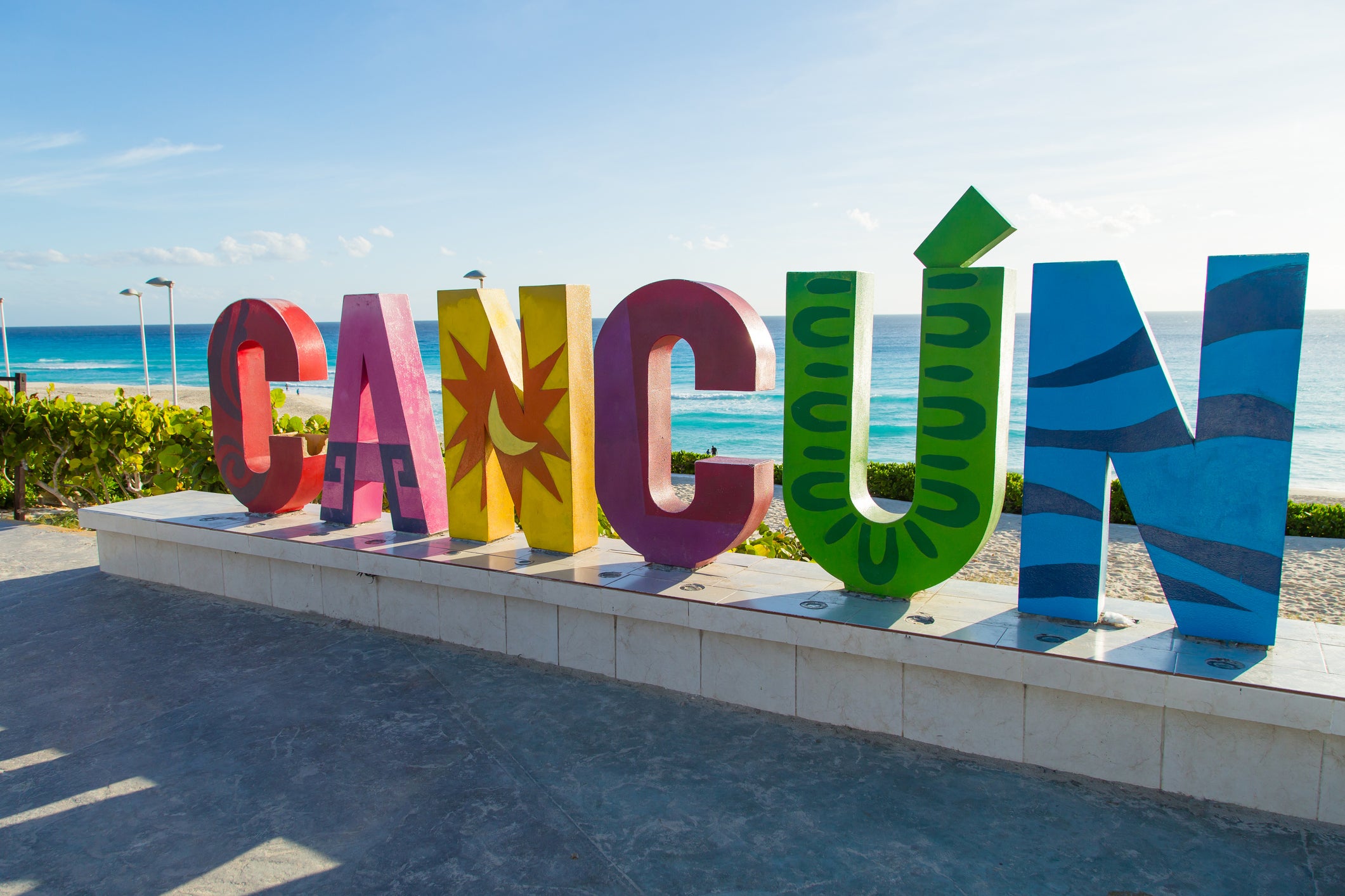 Colorful sign that spells out Cancun near Playa Delfines in Cancun