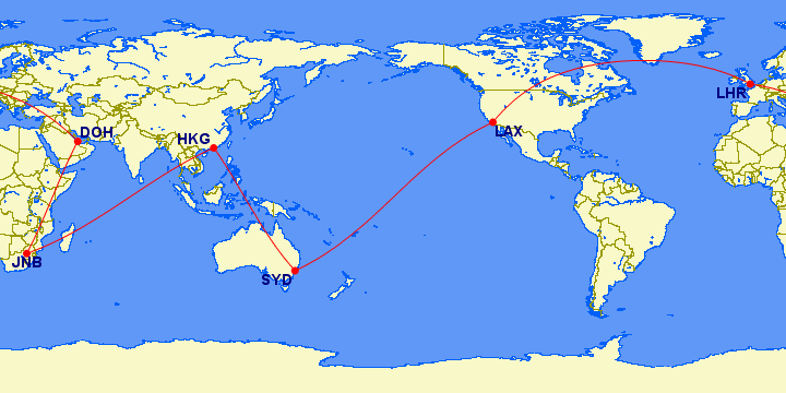 Qantas round-the-world booking map