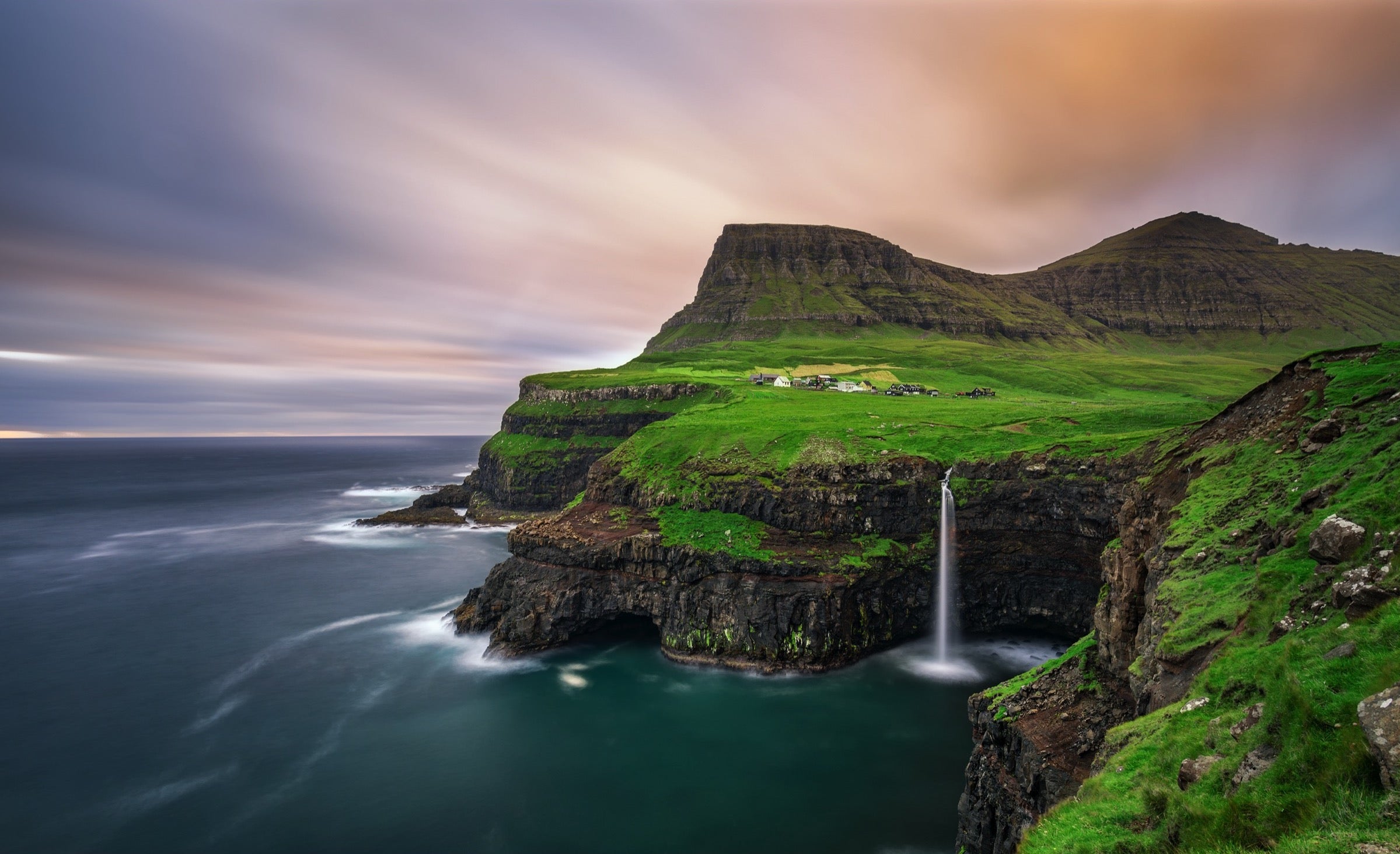The Vagar waterfall in the Faroe Islands