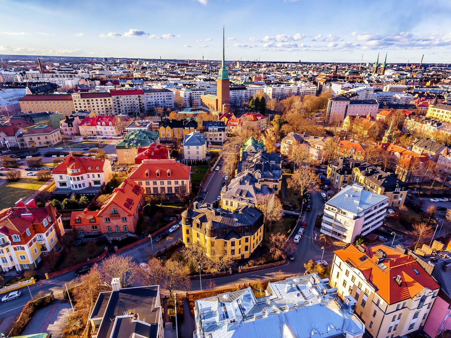 Aerial view of beautiful city Helsinki at spring. Blue sky and clouds and colorful buildings. Helsinki, Finland.