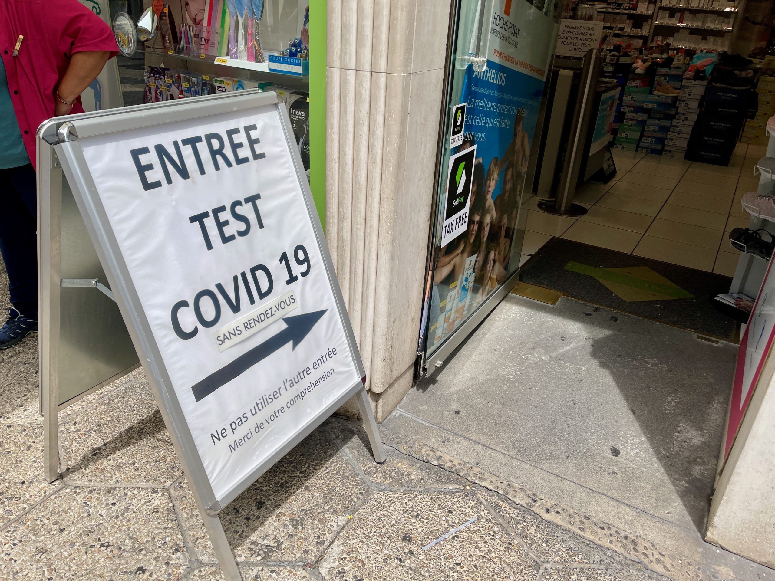 COVID testing sign outsider of pharmacy in Nice, France