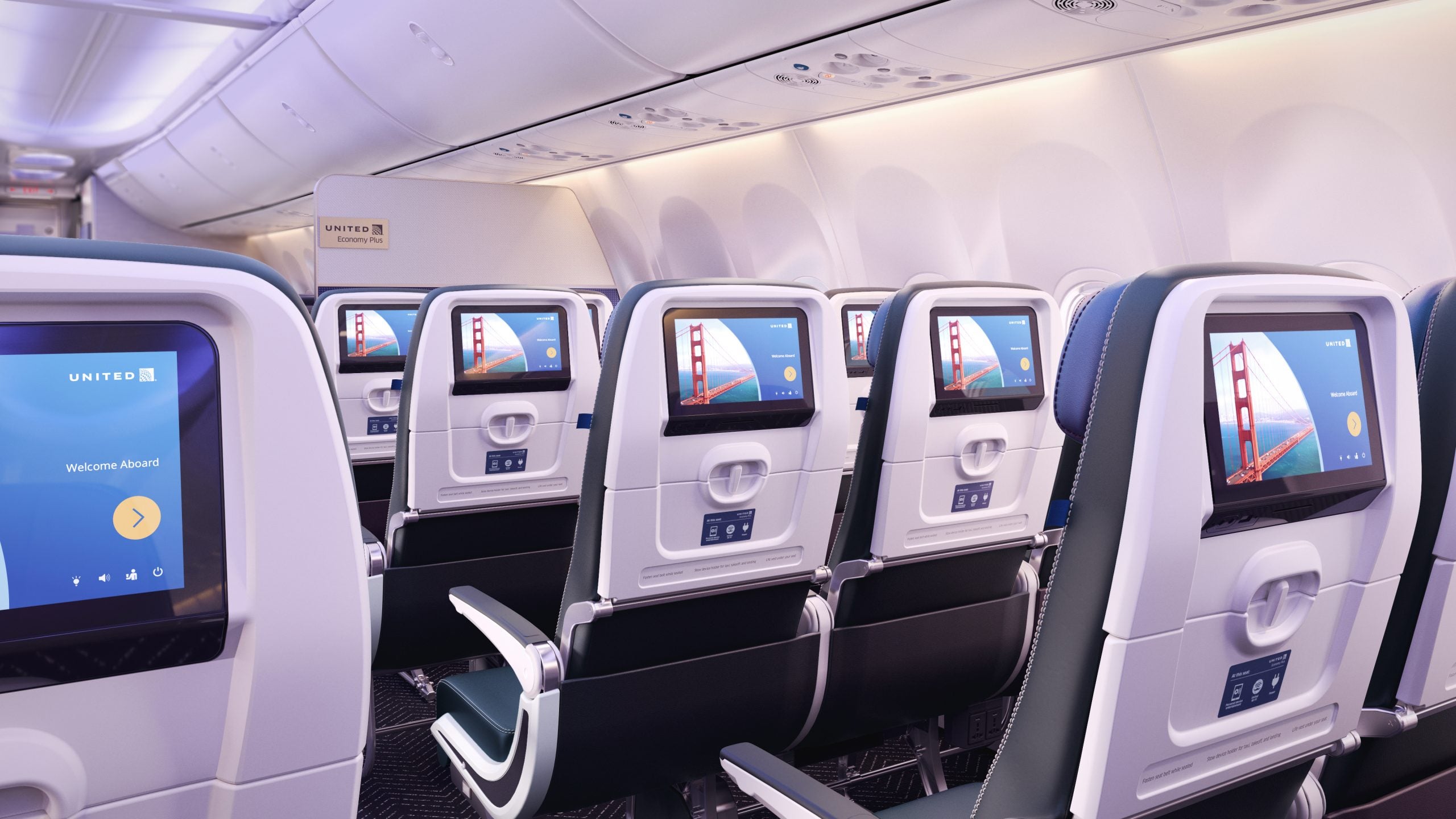 United's new seat-back entertainment screens in a rendering