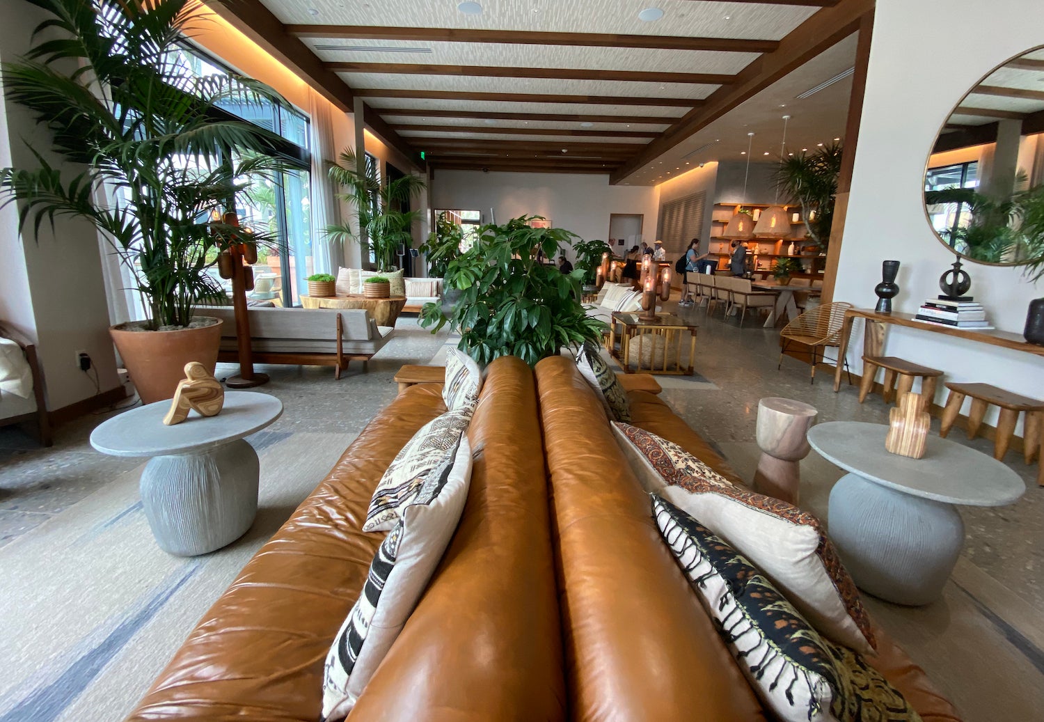 Brown leather couches in the lobby