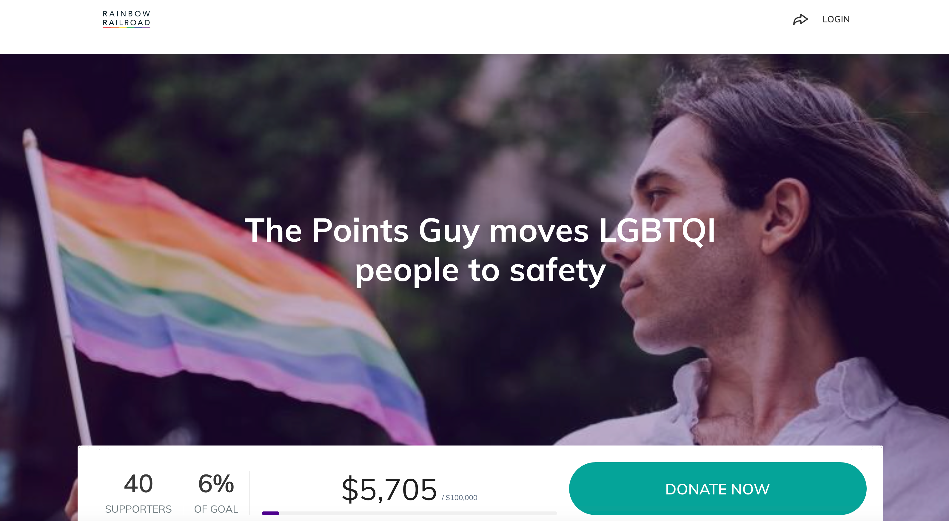 Screenshot showing the Points Guy and Rainbow Railroad charity campaign