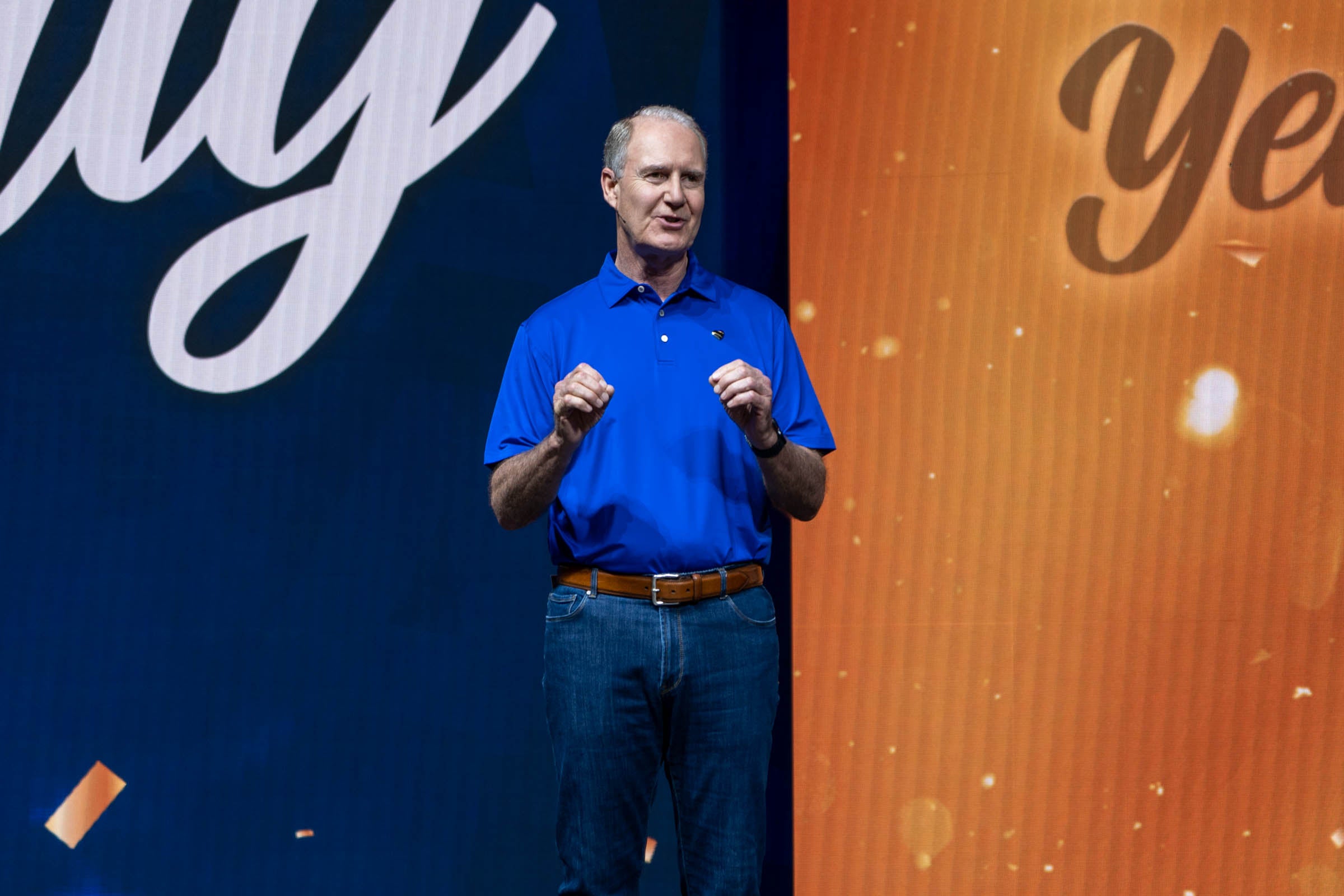 Southwest CEO Gary Kelly speaking on stage at employee event in 2021.