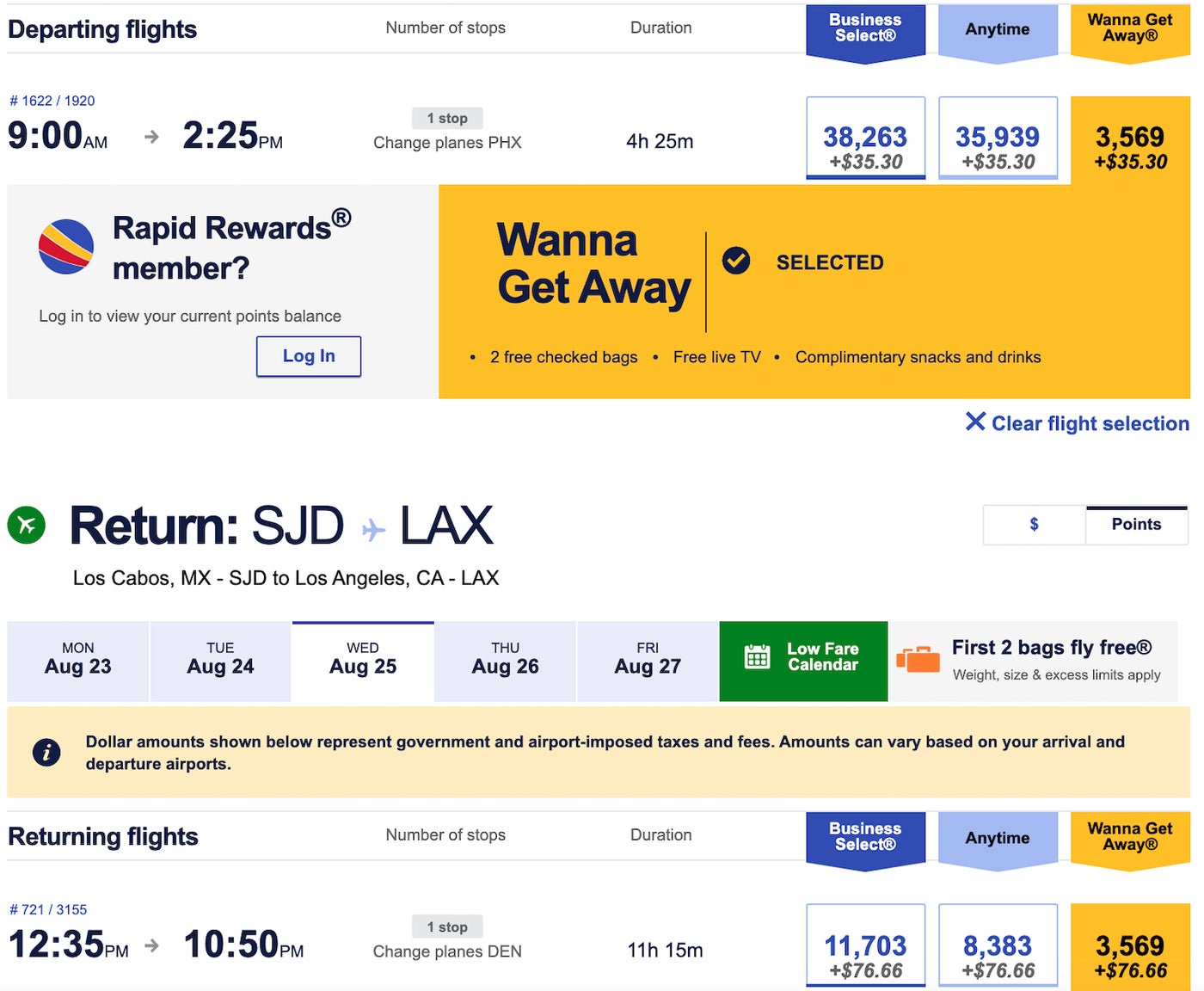 Southwest award ticket to Cabo for under 8,000 points roundtrip The