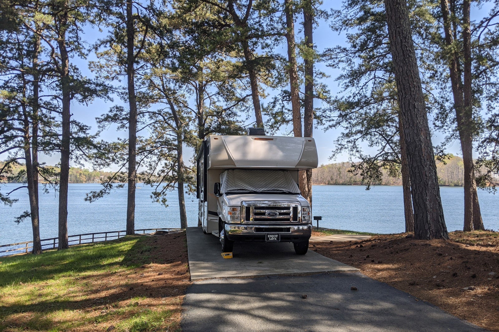 RV in a campground by a lake