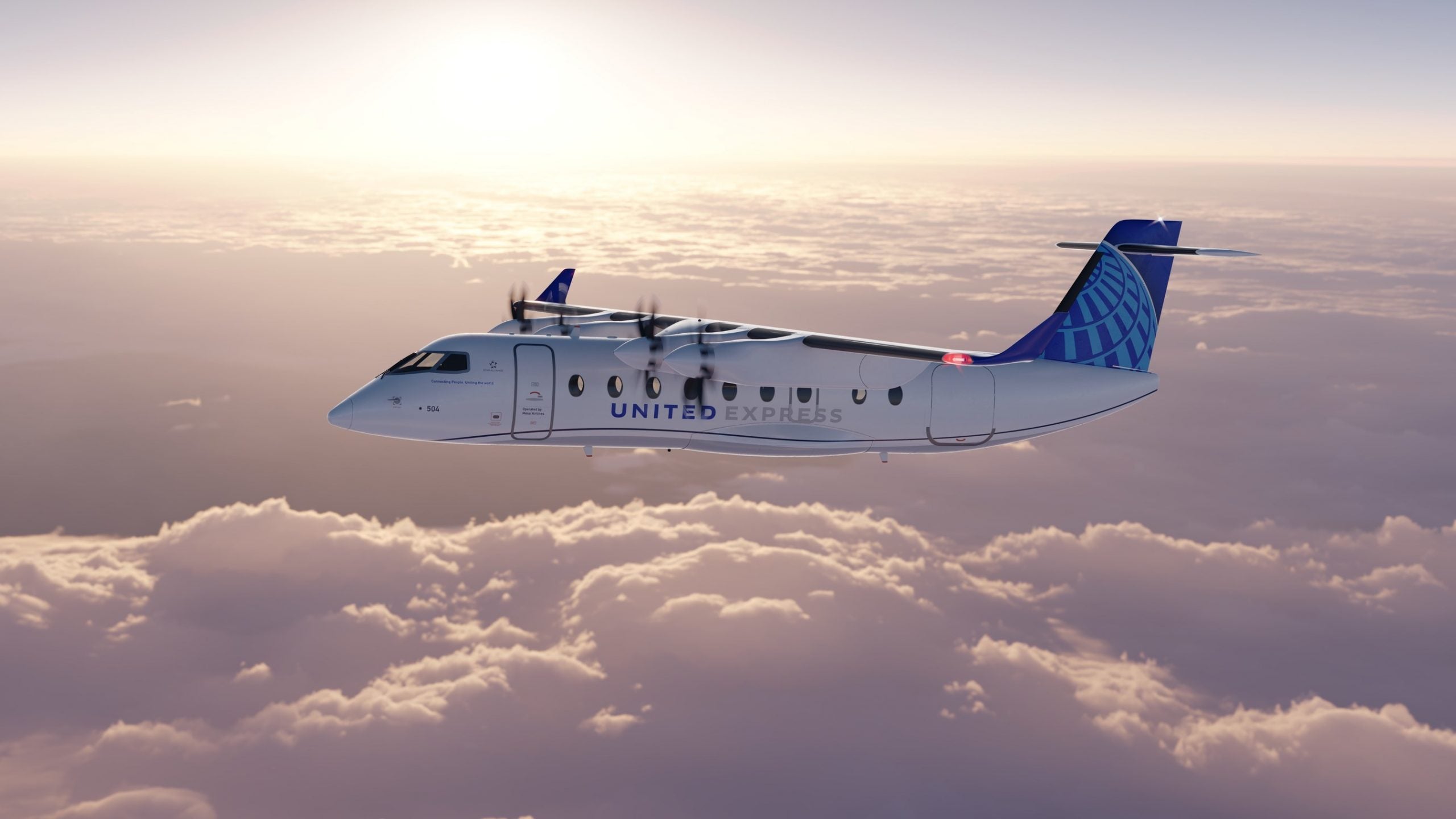 A rendering of a Heart Aerospace ES-19 electric turboprop plane in United Airlines livery.