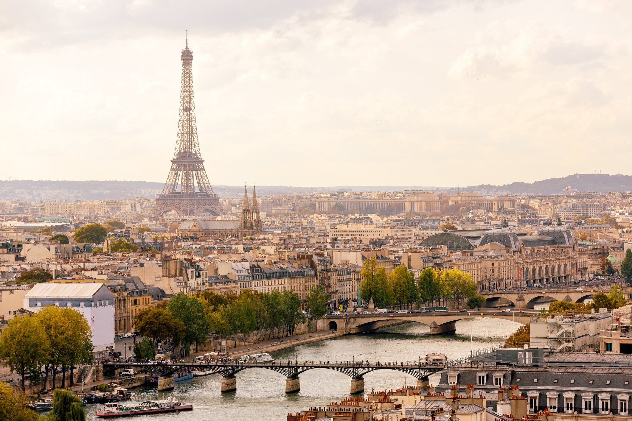 Paris cityscape with Eiffel Tower and Seine river, high angle view