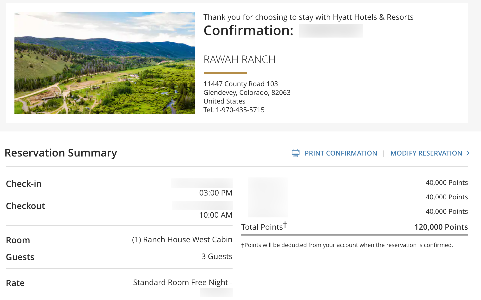 Reservation confirmation using Hyatt points at Rawah Ranch