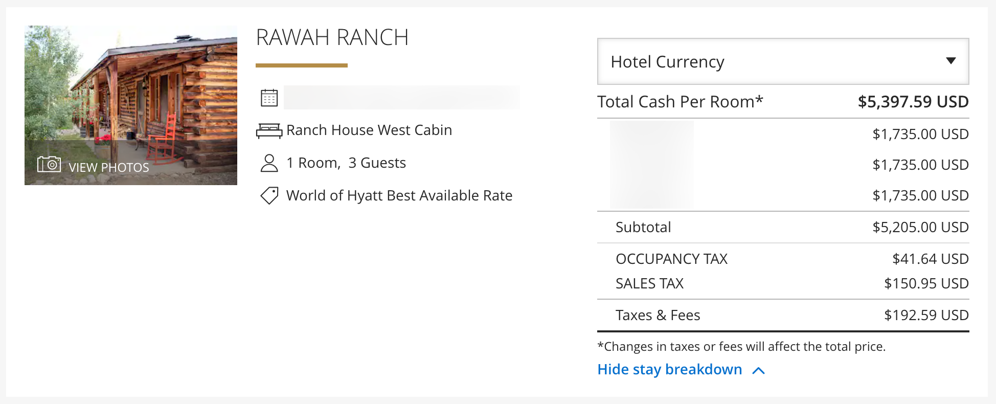Paid rates at Rawah Ranch through World of Hyatt
