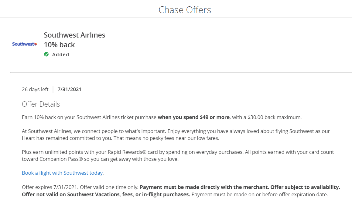 Check your Chase Offers to see if you're targeted for Southwest, Alaska and Tumi offers The