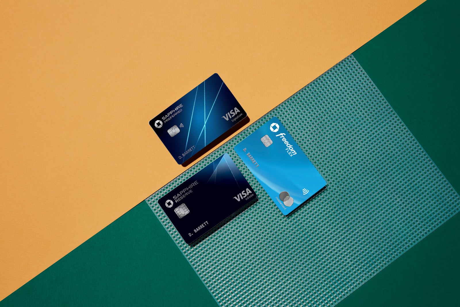 Photo shows several Chase credit cards on a multi-colored background