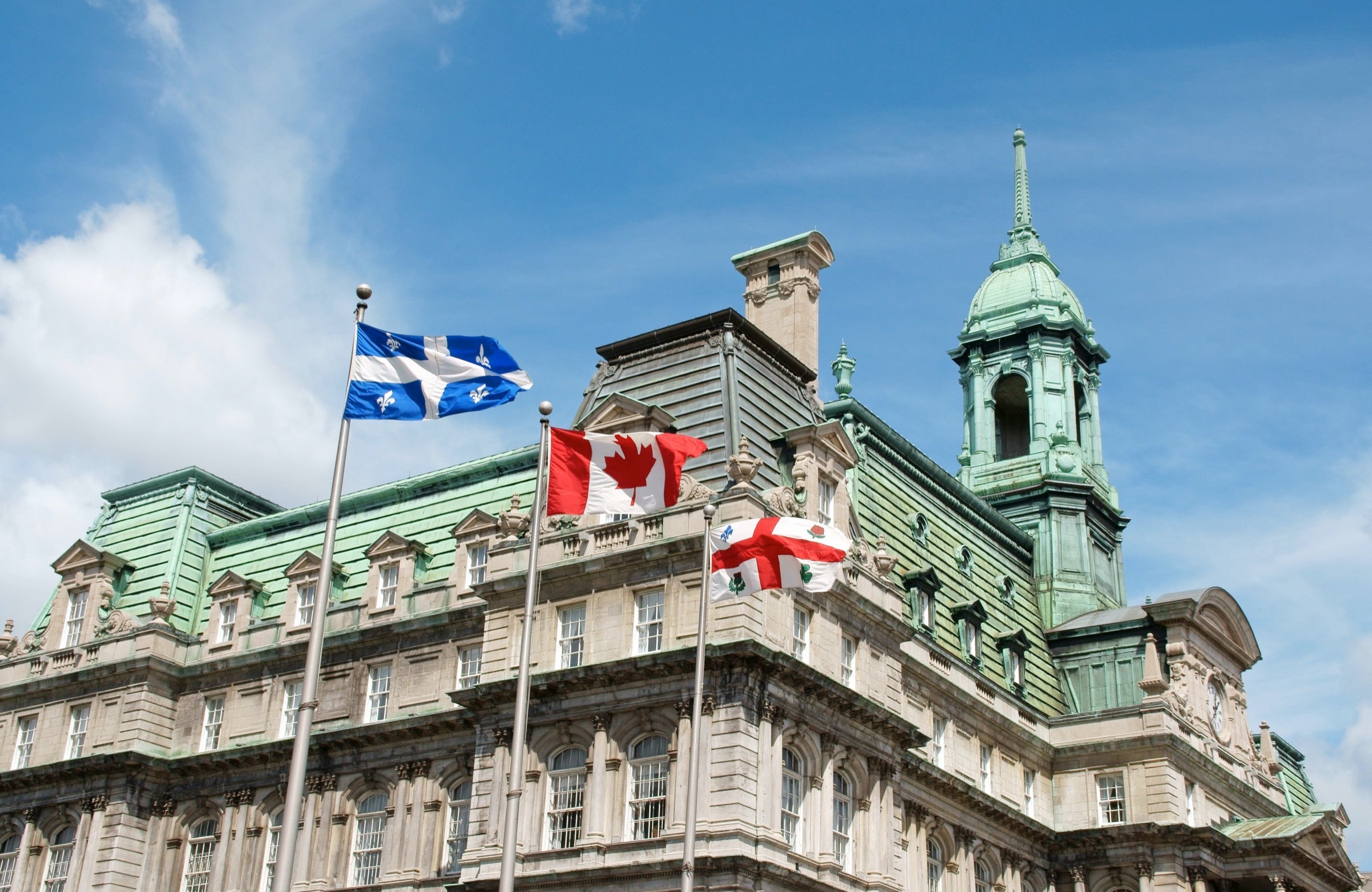 Montreal city hall with Canada and Quebec flags