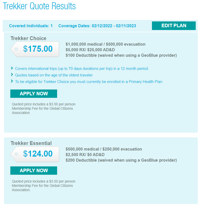 Pricing out GeoBlue annual trip insurance