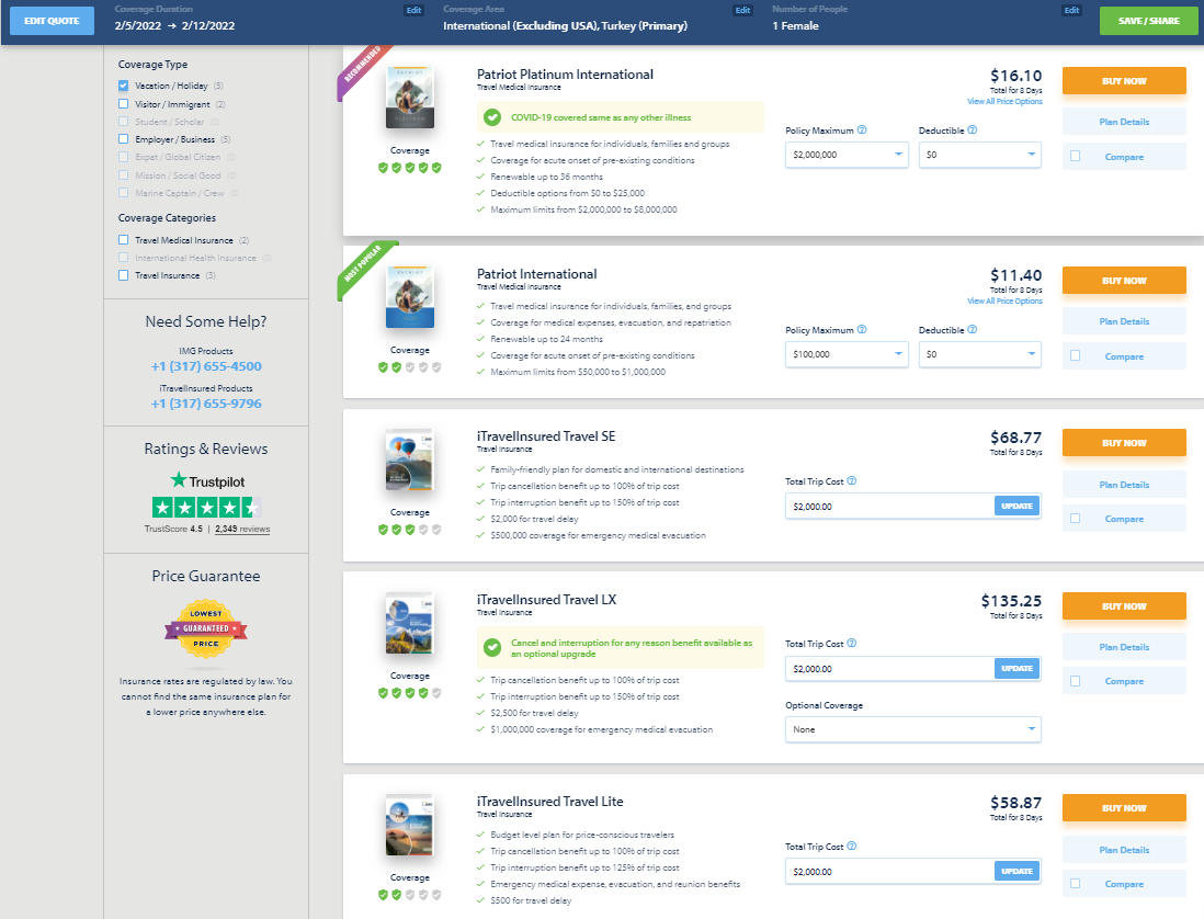 Pricing out single trip insurance plans with IMG Global