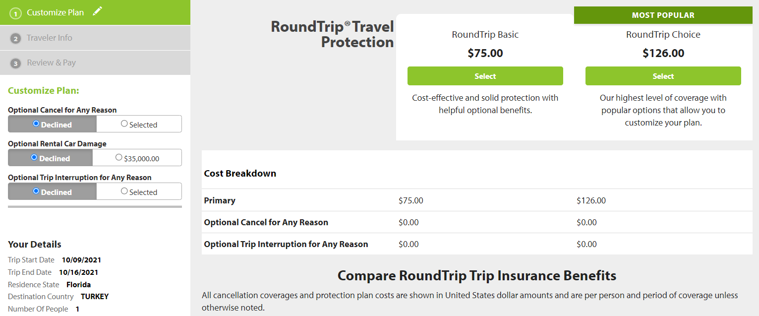 Pricing out single trip travel insurance plans with Seven Corners