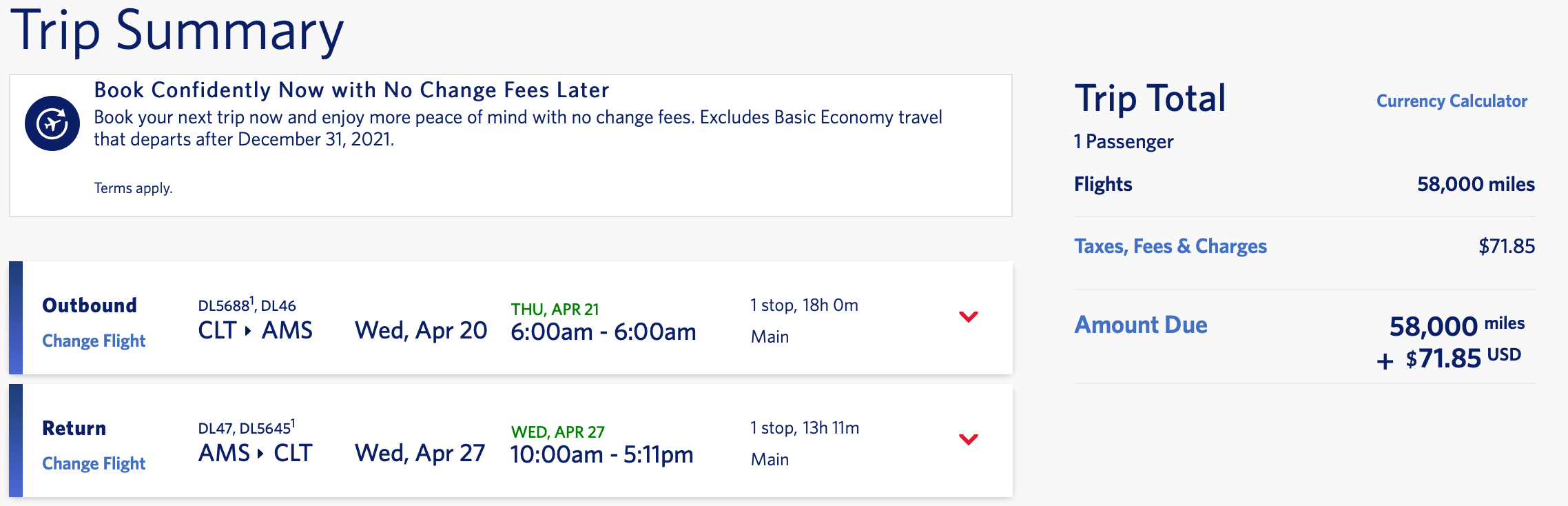 CLT to AMS SkyMiles award ticket