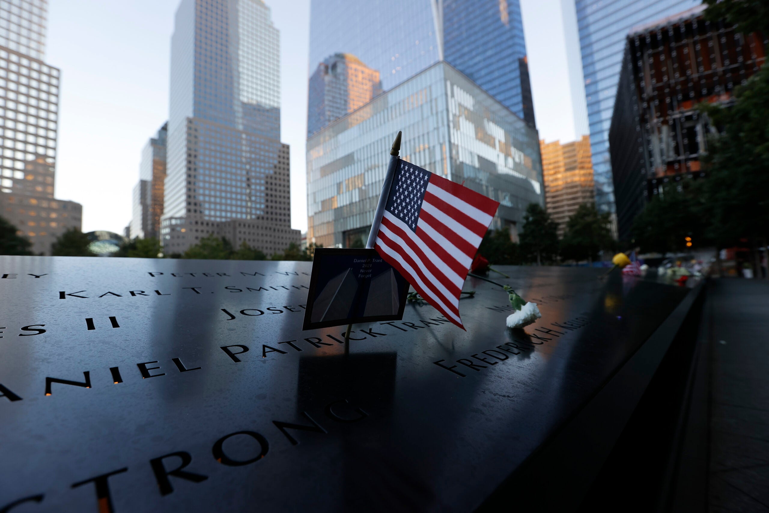 NEW YORK, NEW YORK - SEPTEMBER 11: A detail of the 9/11 Memorial is seen before a ceremony at the National September 11 Memorial &amp; Museum commemorating the 20th anniversary of the September 11th terrorist attacks on the World Trade Center on September 11, 2021 in New York City. The nation is marking the 20th anniversary of the terror attacks of September 11, 2001, when the terrorist group al-Qaeda flew hijacked airplanes into the World Trade Center, Shanksville, PA, and the Pentagon, killing nearly 3,000 people. (Photo by Mike Segar-Pool/Getty Images)