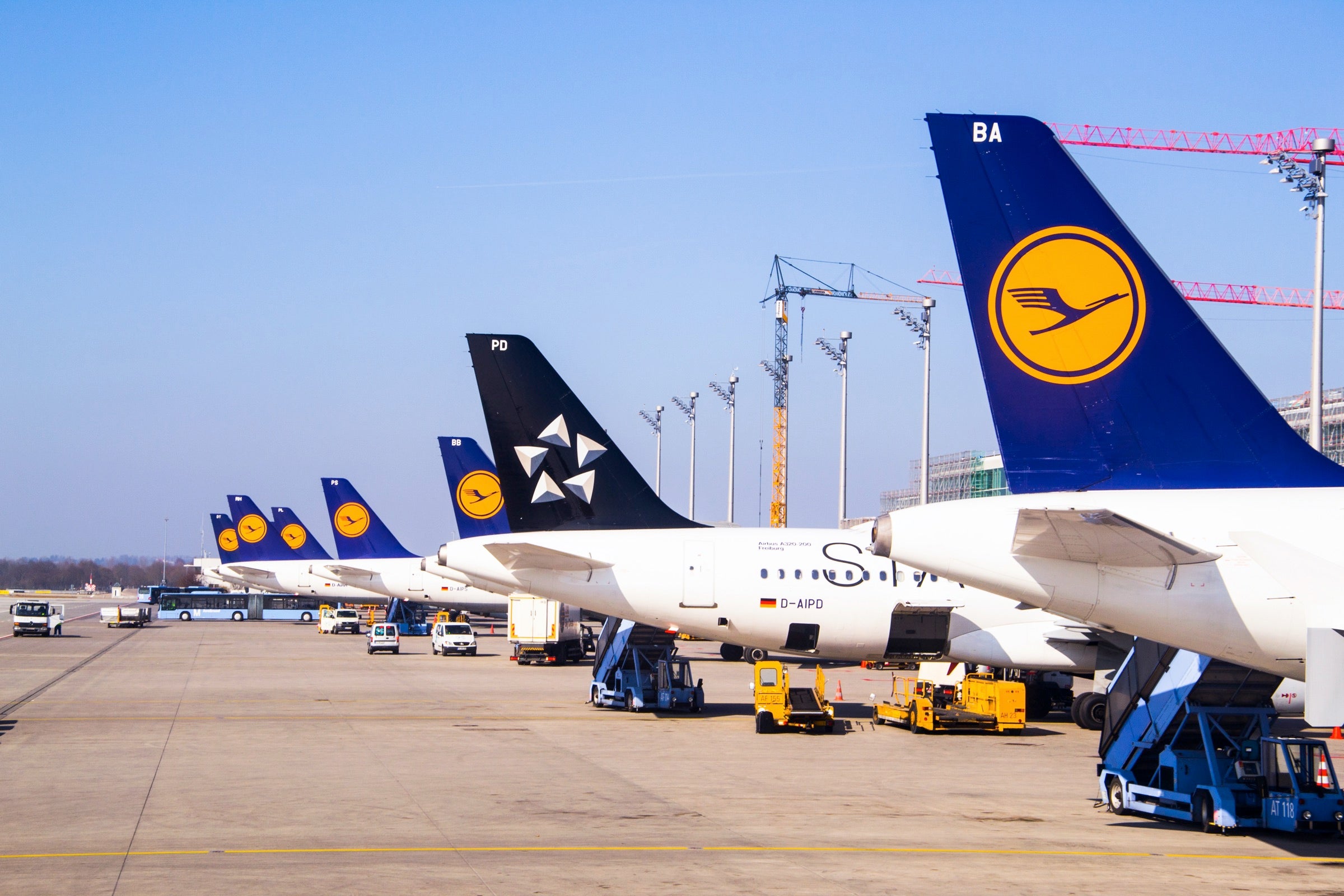 Lufthansa planes next to a Star Alliance livery plane at Munich airport